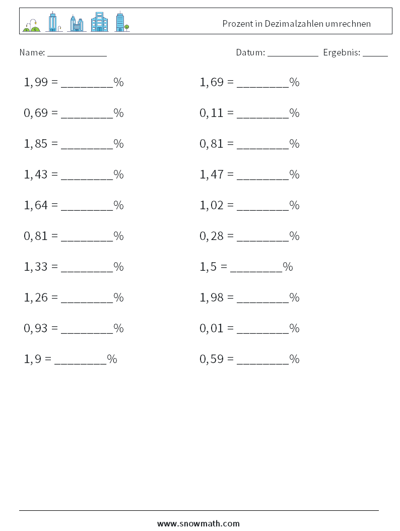 Prozent in Dezimalzahlen umrechnen Mathe-Arbeitsblätter 5