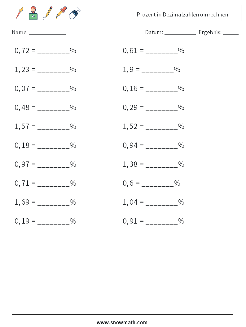 Prozent in Dezimalzahlen umrechnen Mathe-Arbeitsblätter 6