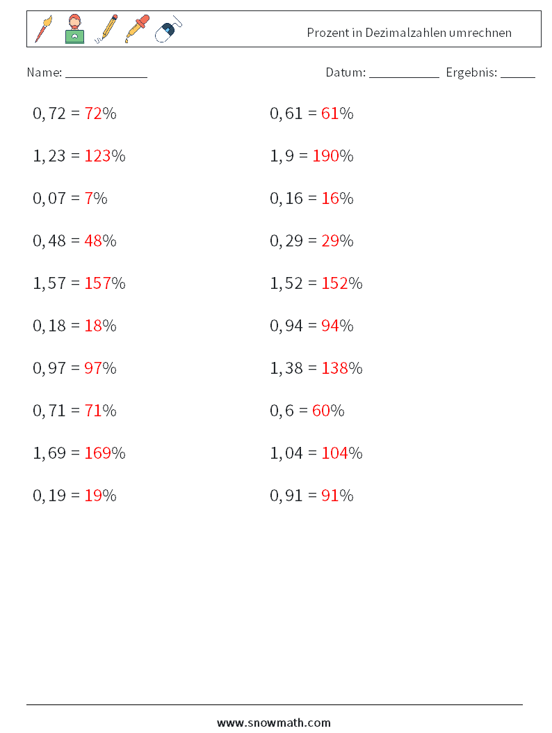 Prozent in Dezimalzahlen umrechnen Mathe-Arbeitsblätter 6 Frage, Antwort