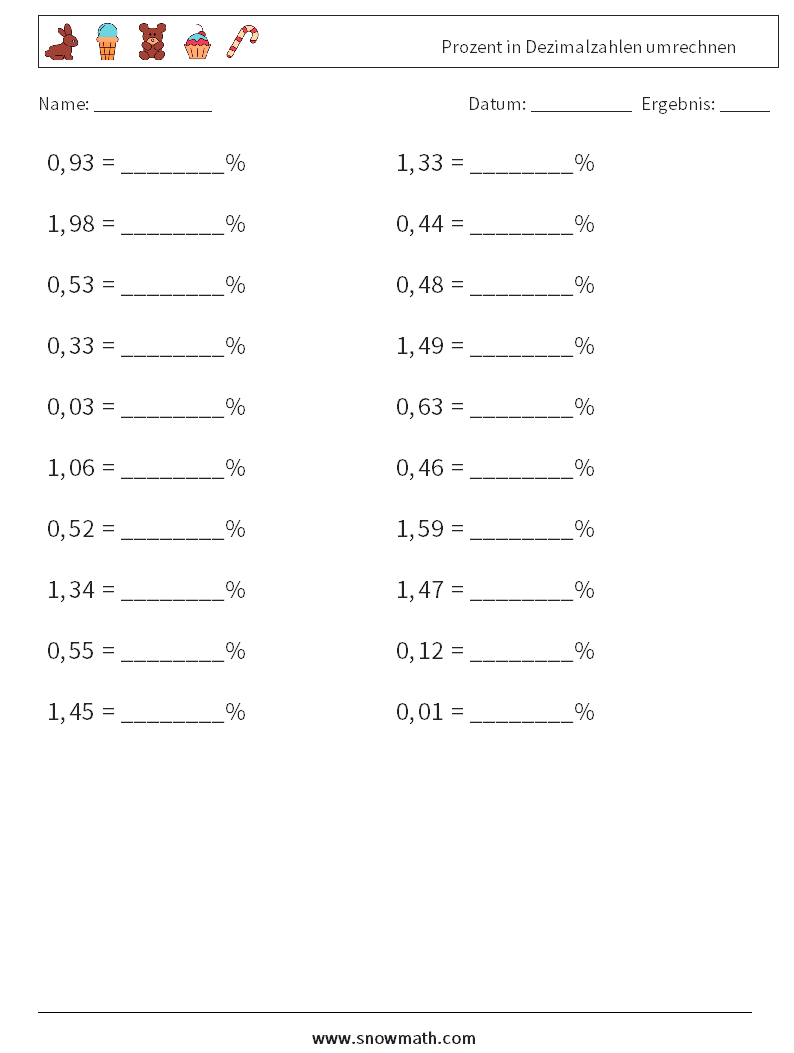 Prozent in Dezimalzahlen umrechnen Mathe-Arbeitsblätter 7