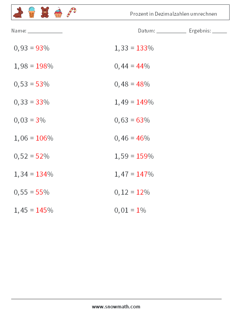 Prozent in Dezimalzahlen umrechnen Mathe-Arbeitsblätter 7 Frage, Antwort