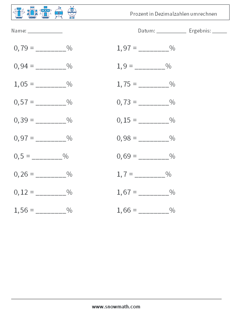 Prozent in Dezimalzahlen umrechnen Mathe-Arbeitsblätter 8