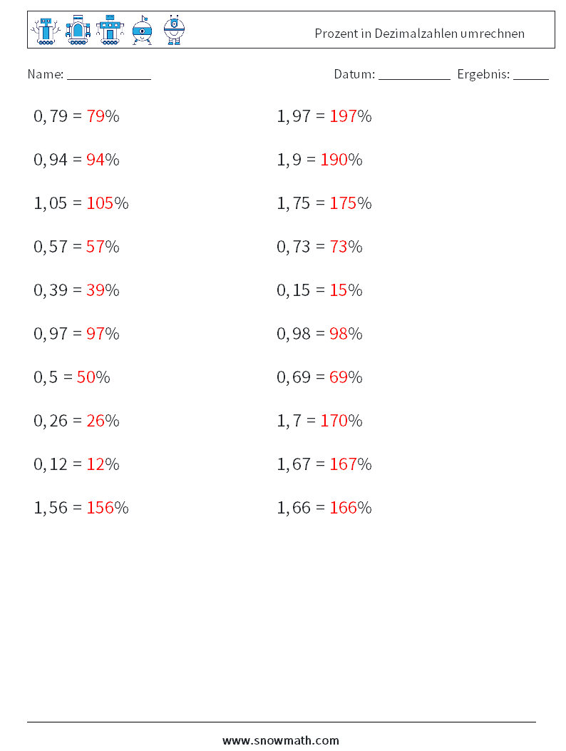 Prozent in Dezimalzahlen umrechnen Mathe-Arbeitsblätter 8 Frage, Antwort