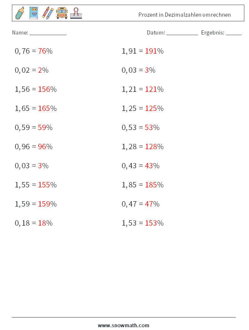 Prozent in Dezimalzahlen umrechnen Mathe-Arbeitsblätter 9 Frage, Antwort