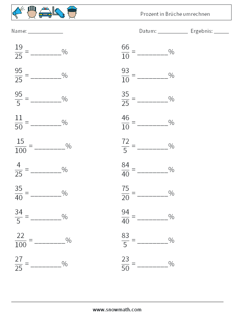 Prozent in Brüche umrechnen Mathe-Arbeitsblätter 1