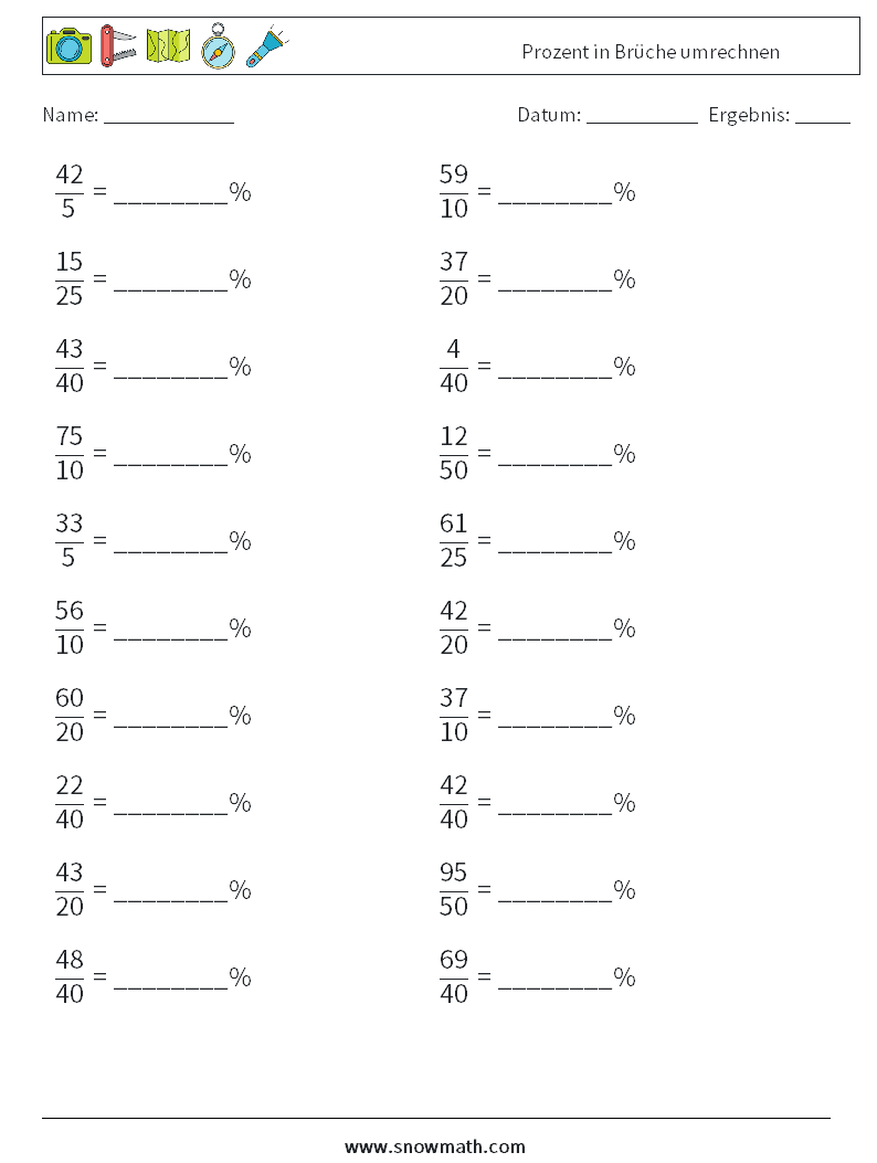 Prozent in Brüche umrechnen Mathe-Arbeitsblätter 2