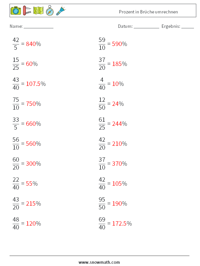 Prozent in Brüche umrechnen Mathe-Arbeitsblätter 2 Frage, Antwort