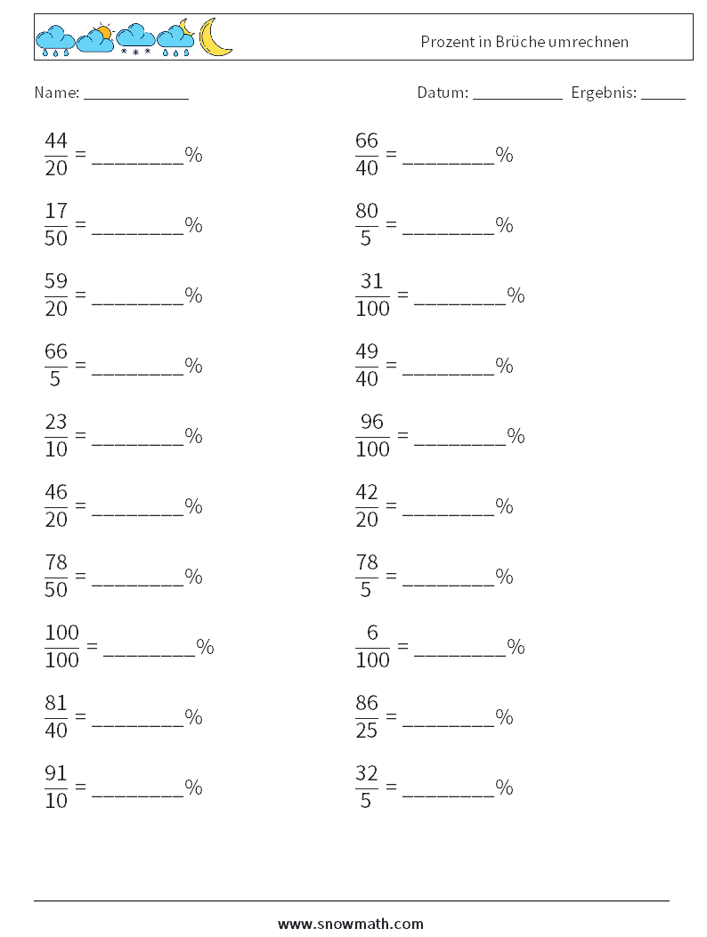 Prozent in Brüche umrechnen Mathe-Arbeitsblätter 3