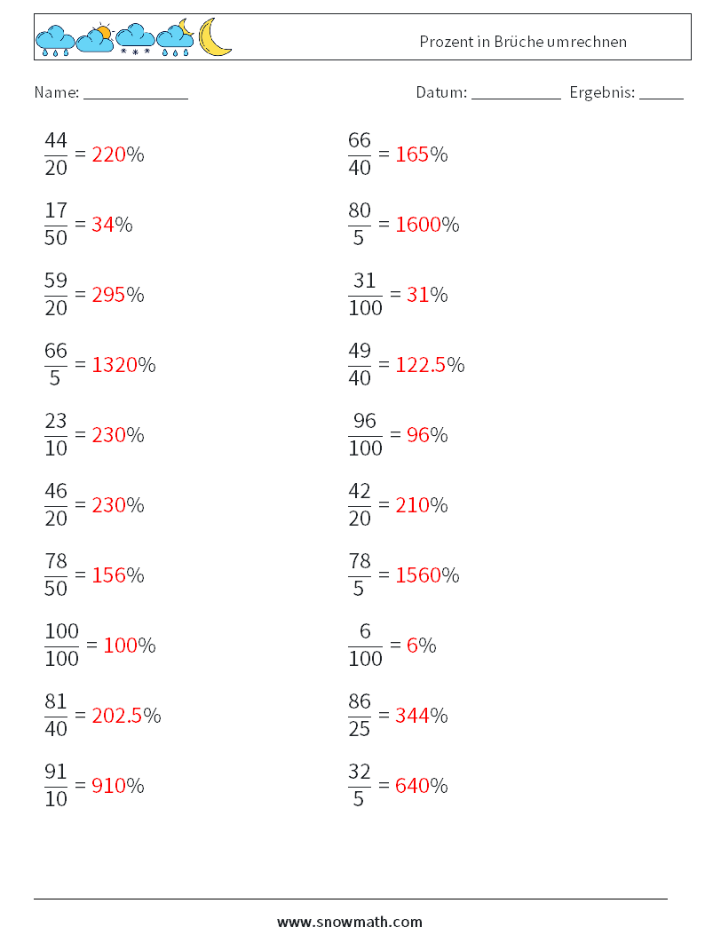 Prozent in Brüche umrechnen Mathe-Arbeitsblätter 3 Frage, Antwort