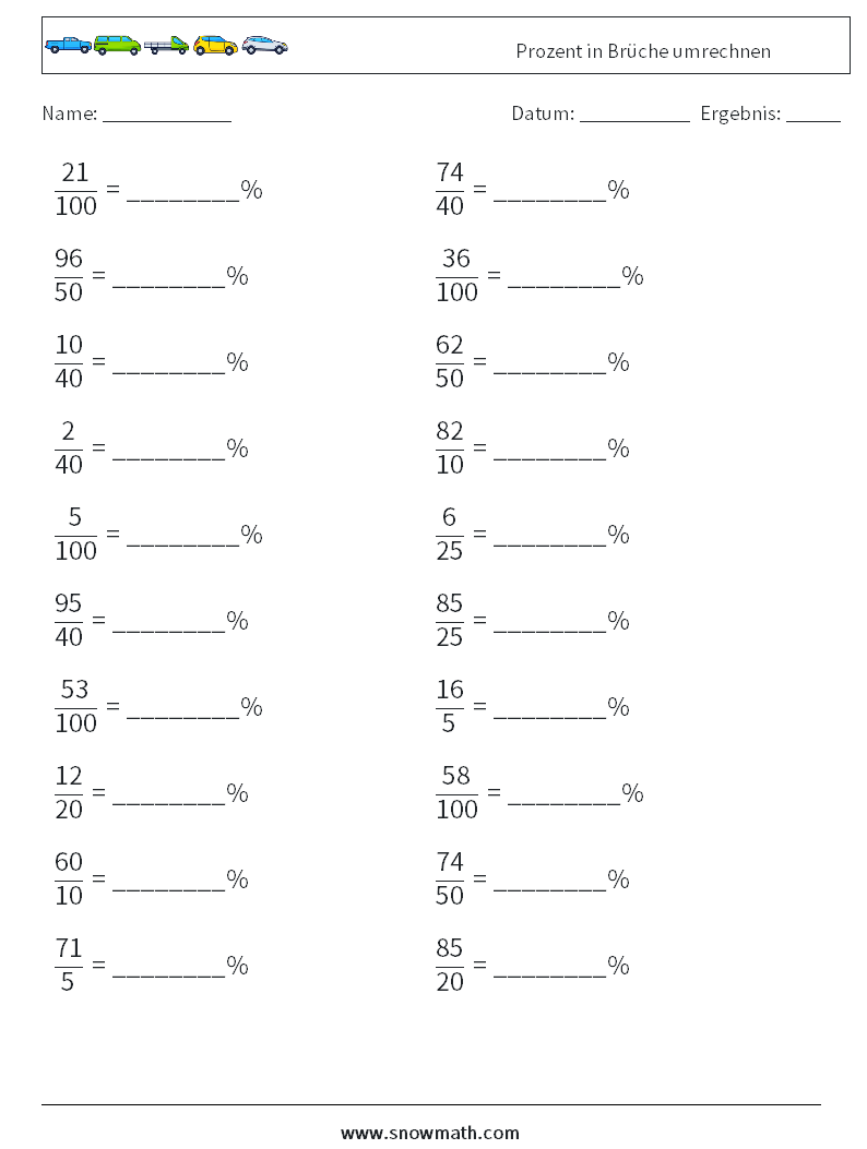 Prozent in Brüche umrechnen Mathe-Arbeitsblätter 4