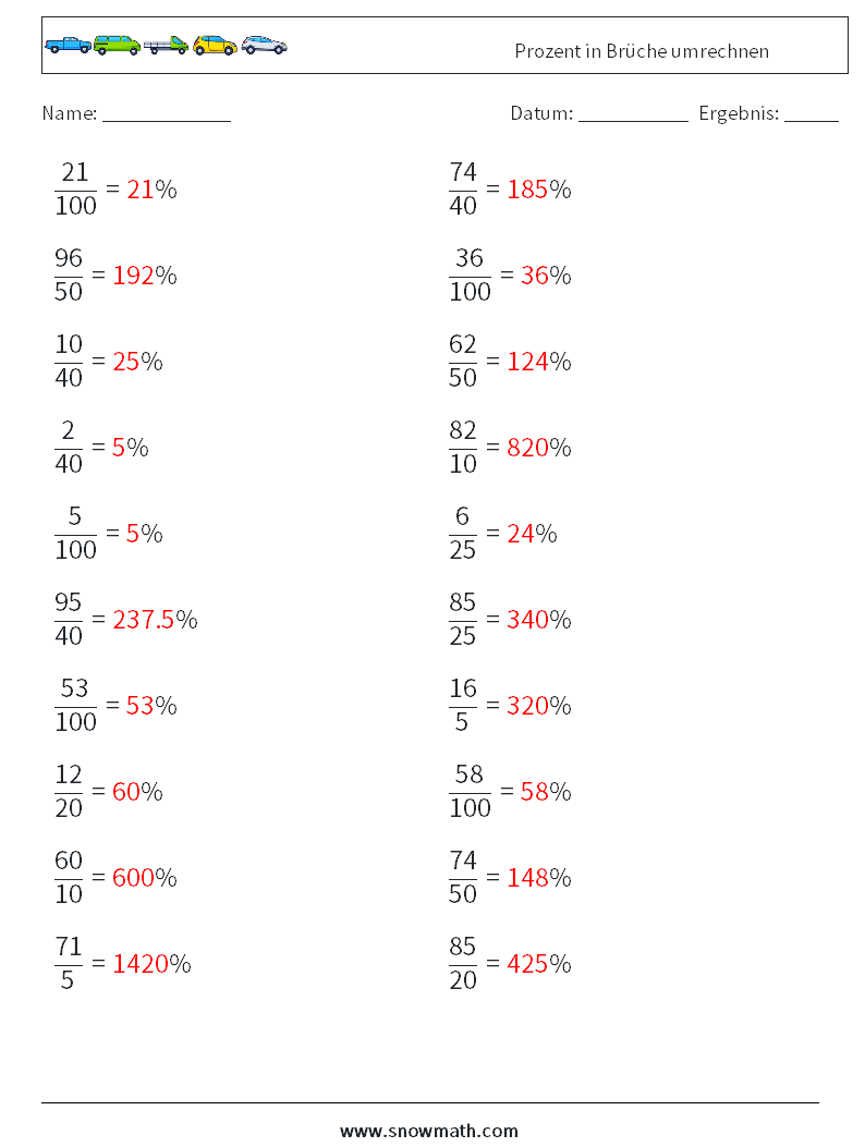 Prozent in Brüche umrechnen Mathe-Arbeitsblätter 4 Frage, Antwort