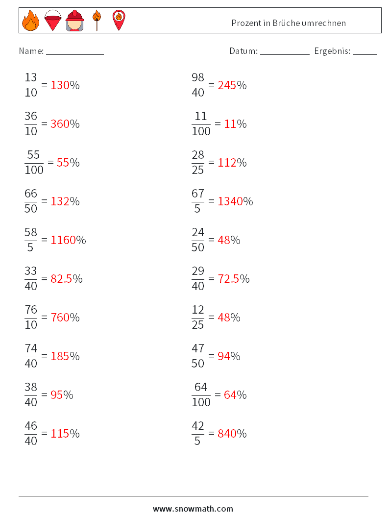 Prozent in Brüche umrechnen Mathe-Arbeitsblätter 5 Frage, Antwort