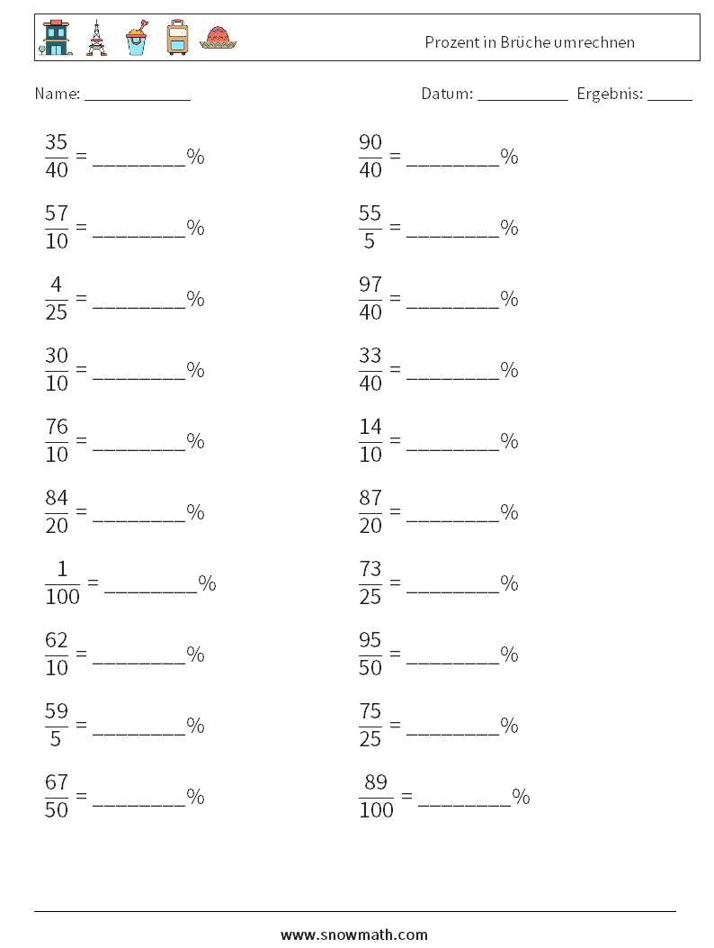 Prozent in Brüche umrechnen Mathe-Arbeitsblätter 6