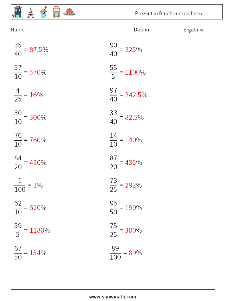 Prozent in Brüche umrechnen Mathe-Arbeitsblätter 6 Frage, Antwort