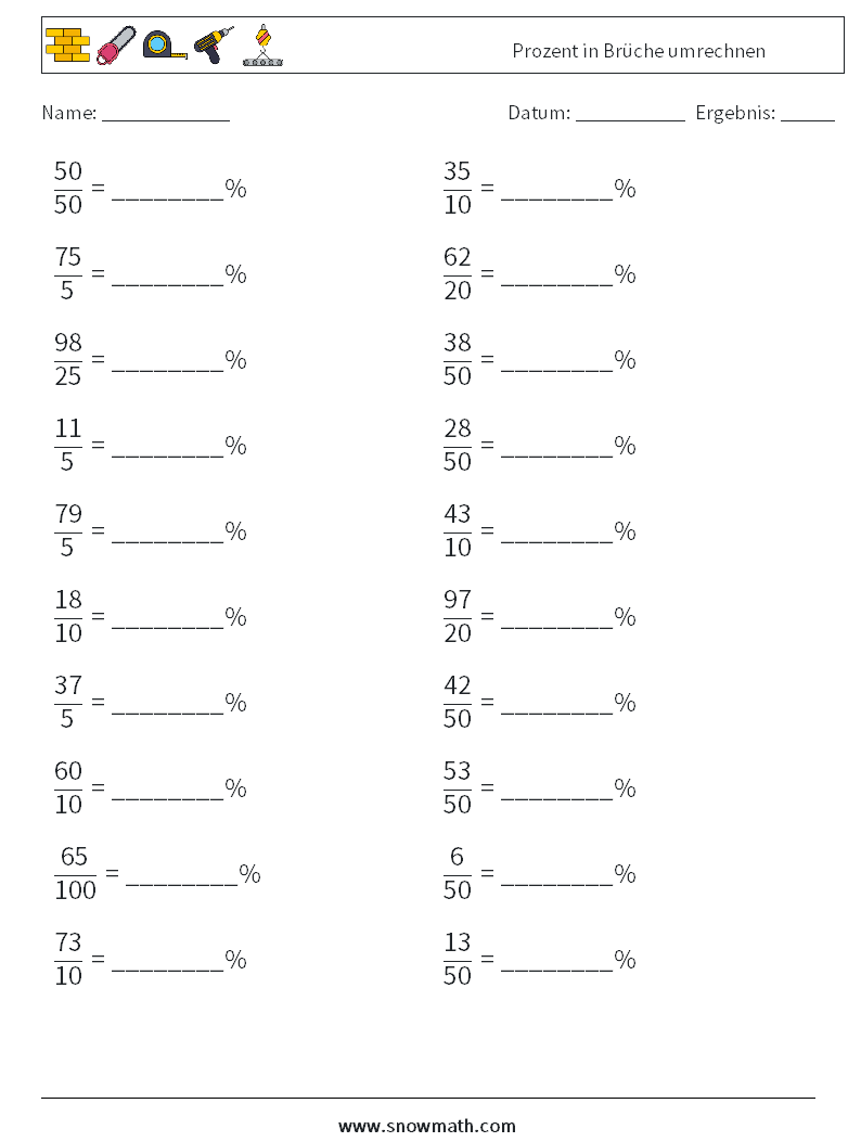 Prozent in Brüche umrechnen Mathe-Arbeitsblätter 7