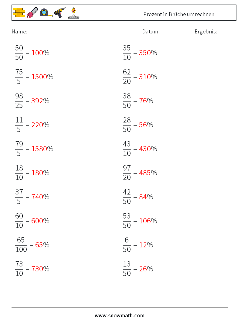 Prozent in Brüche umrechnen Mathe-Arbeitsblätter 7 Frage, Antwort