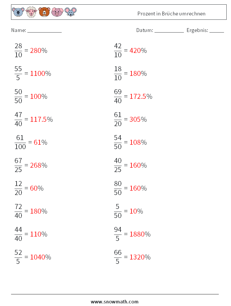 Prozent in Brüche umrechnen Mathe-Arbeitsblätter 8 Frage, Antwort