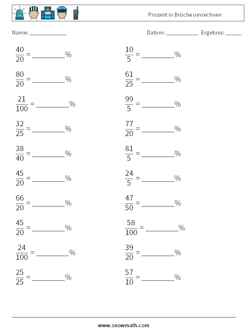 Prozent in Brüche umrechnen Mathe-Arbeitsblätter 9