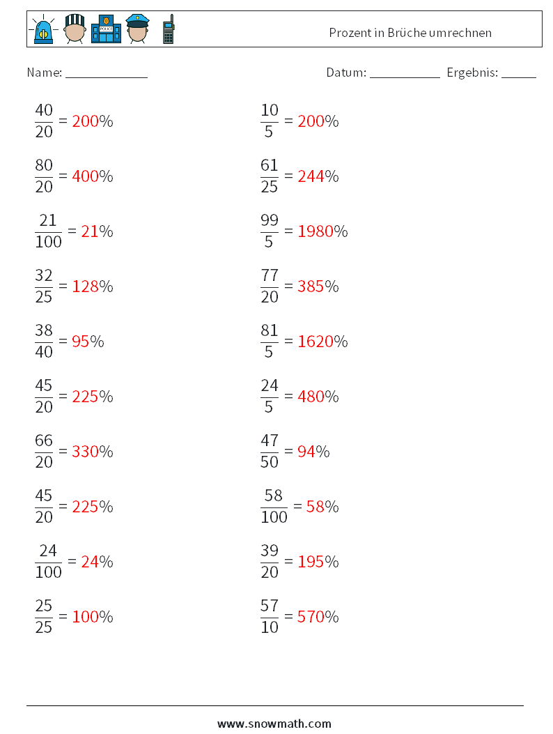 Prozent in Brüche umrechnen Mathe-Arbeitsblätter 9 Frage, Antwort