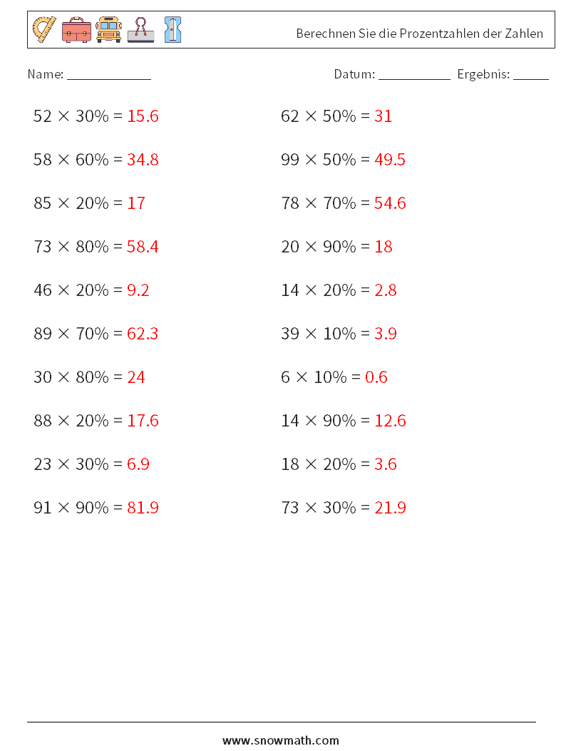 Berechnen Sie die Prozentzahlen der Zahlen Mathe-Arbeitsblätter 3 Frage, Antwort