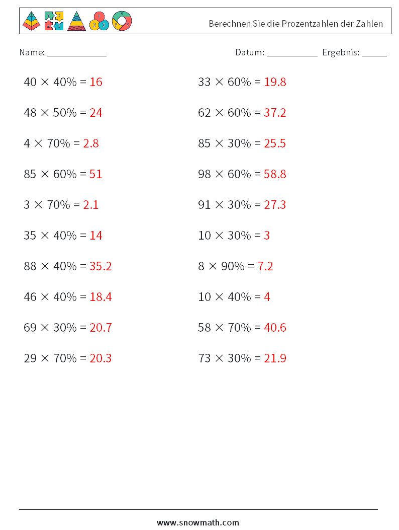 Berechnen Sie die Prozentzahlen der Zahlen Mathe-Arbeitsblätter 7 Frage, Antwort