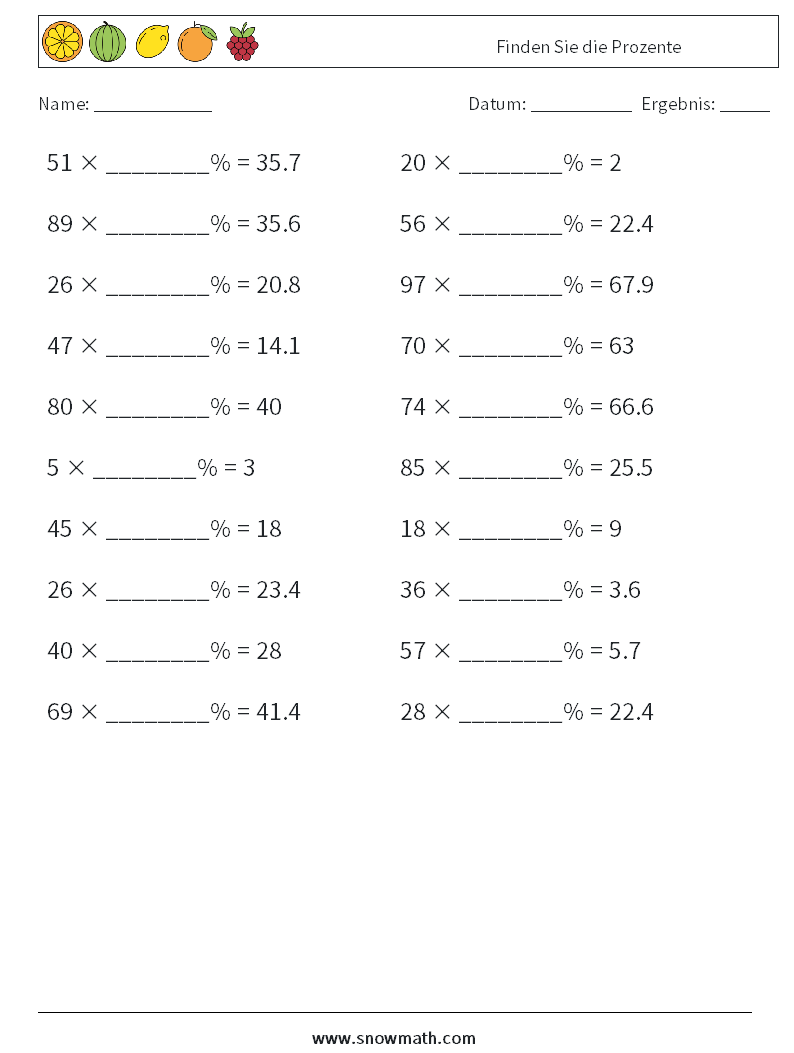 Finden Sie die Prozente Mathe-Arbeitsblätter 7