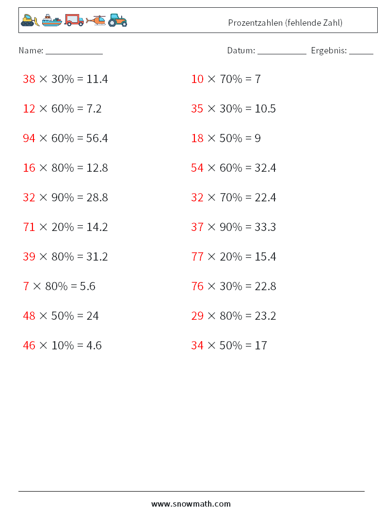 Prozentzahlen (fehlende Zahl) Mathe-Arbeitsblätter 4 Frage, Antwort