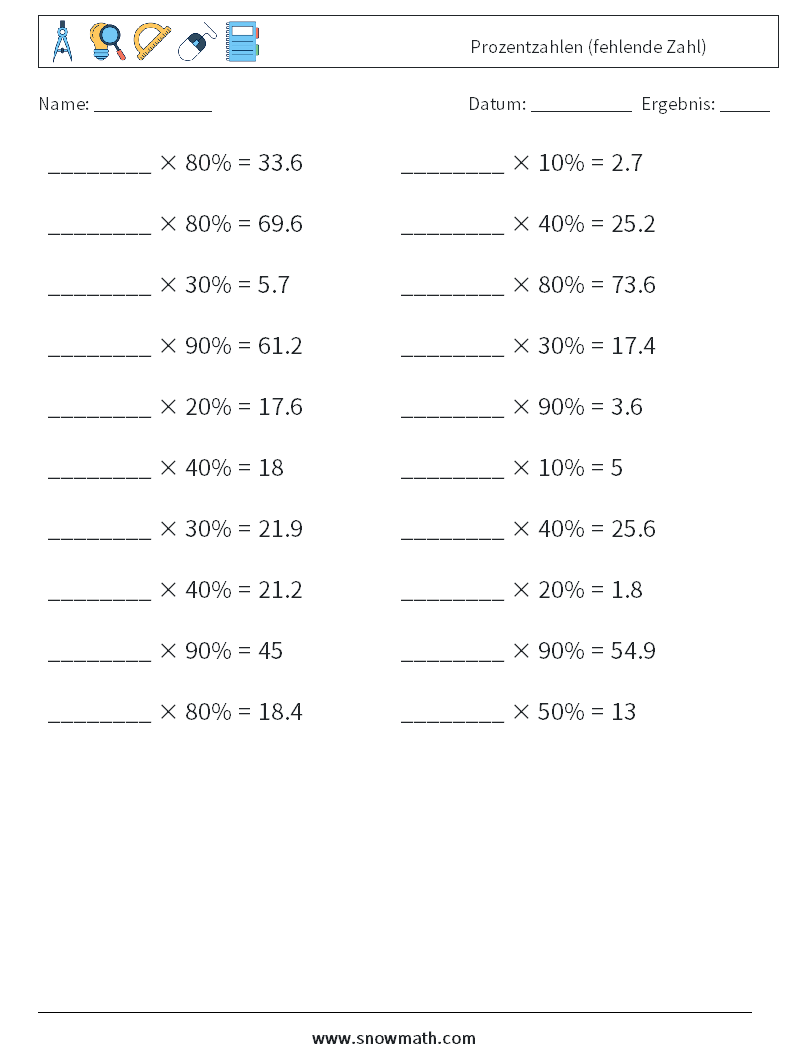 Prozentzahlen (fehlende Zahl) Mathe-Arbeitsblätter 5