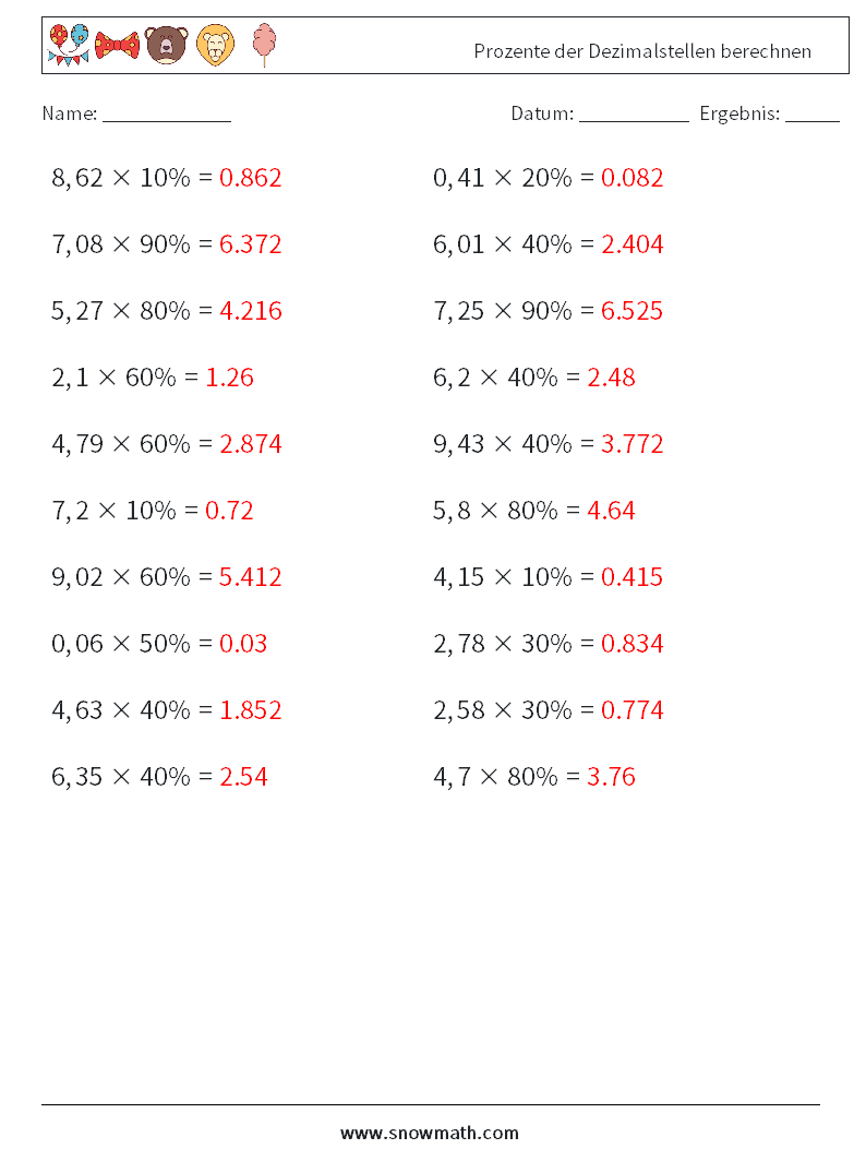 Prozente der Dezimalstellen berechnen Mathe-Arbeitsblätter 1 Frage, Antwort