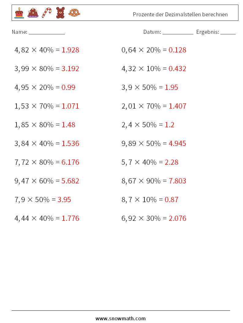 Prozente der Dezimalstellen berechnen Mathe-Arbeitsblätter 2 Frage, Antwort