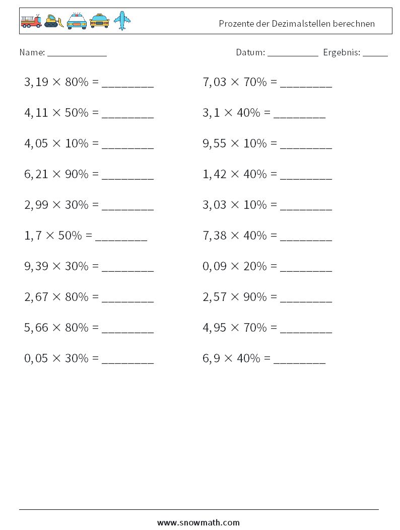 Prozente der Dezimalstellen berechnen Mathe-Arbeitsblätter 3