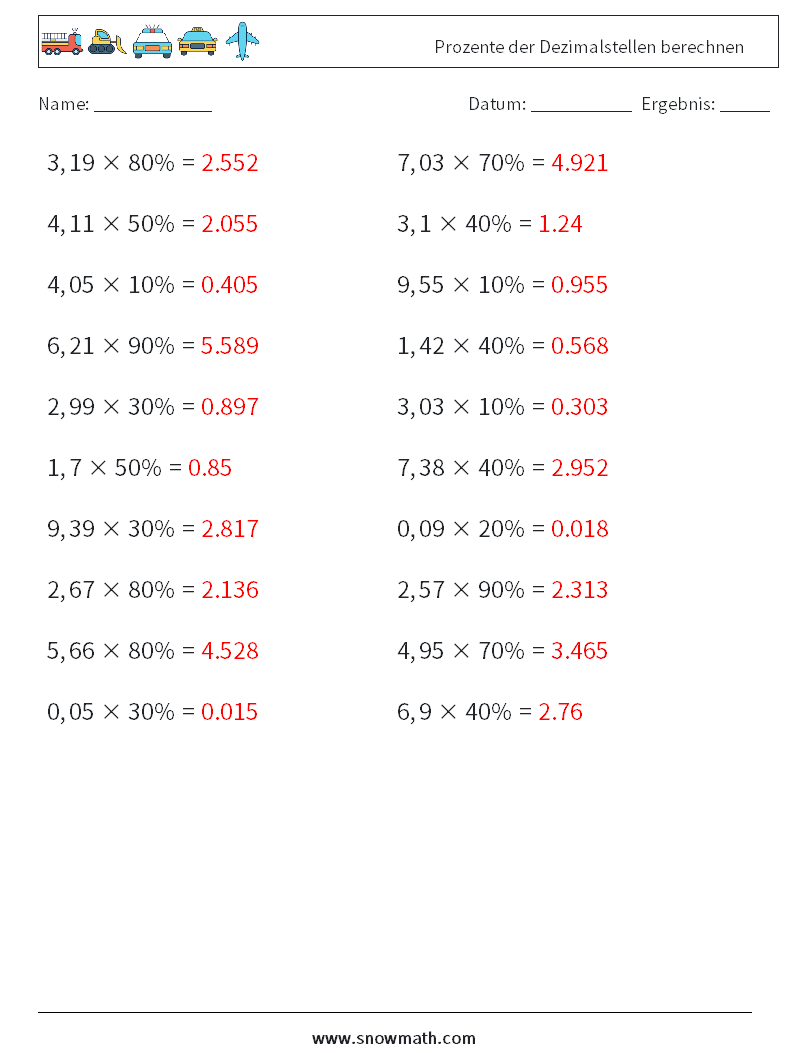 Prozente der Dezimalstellen berechnen Mathe-Arbeitsblätter 3 Frage, Antwort