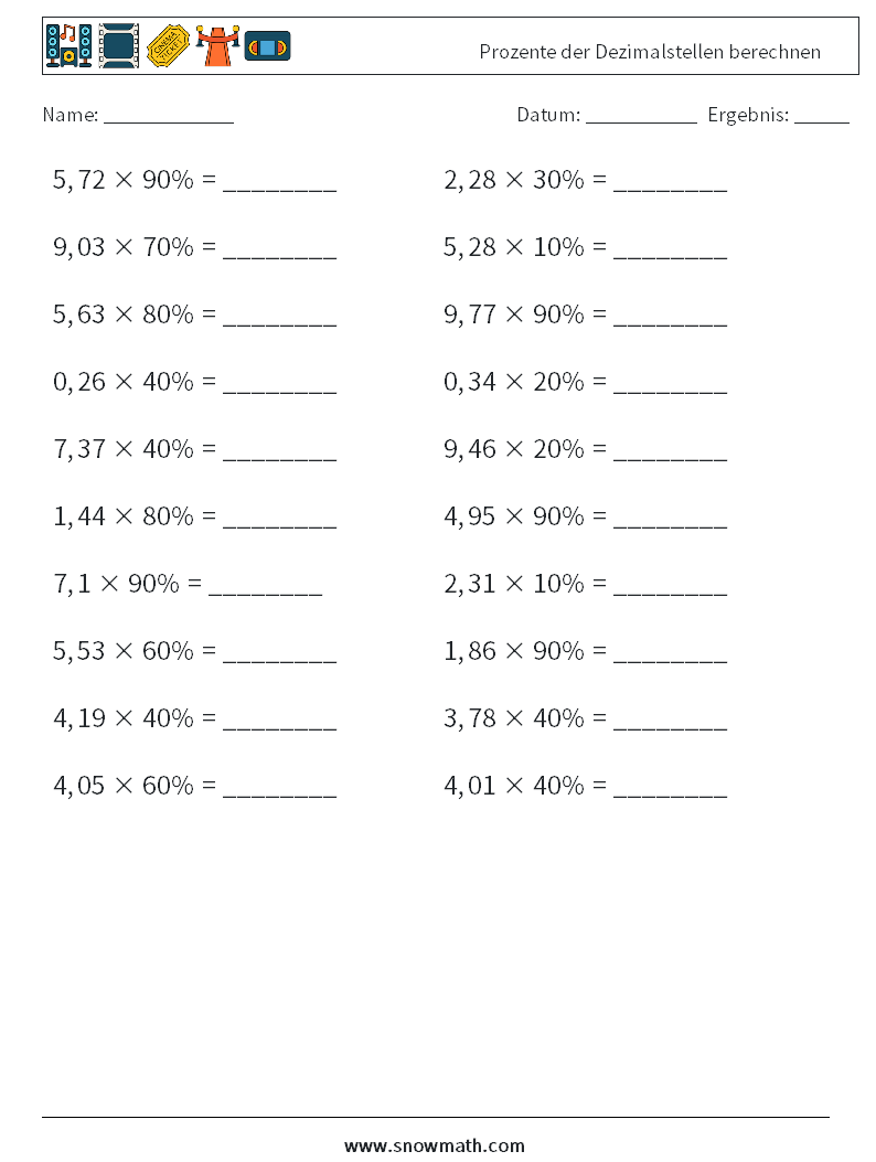 Prozente der Dezimalstellen berechnen Mathe-Arbeitsblätter 4