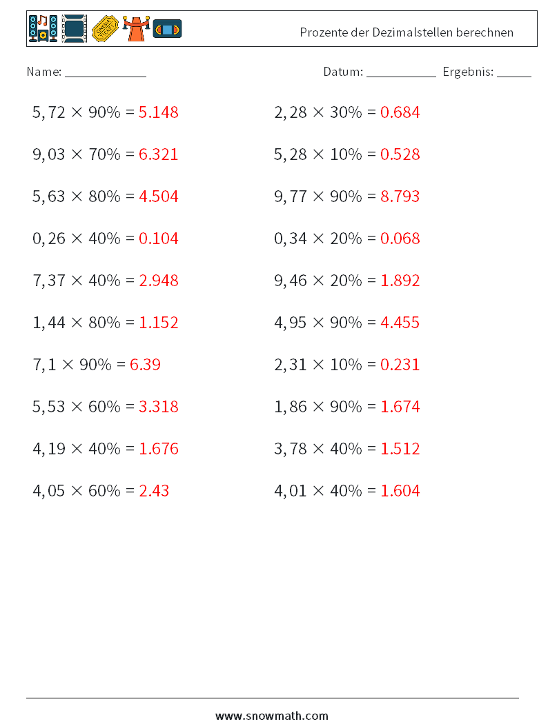 Prozente der Dezimalstellen berechnen Mathe-Arbeitsblätter 4 Frage, Antwort