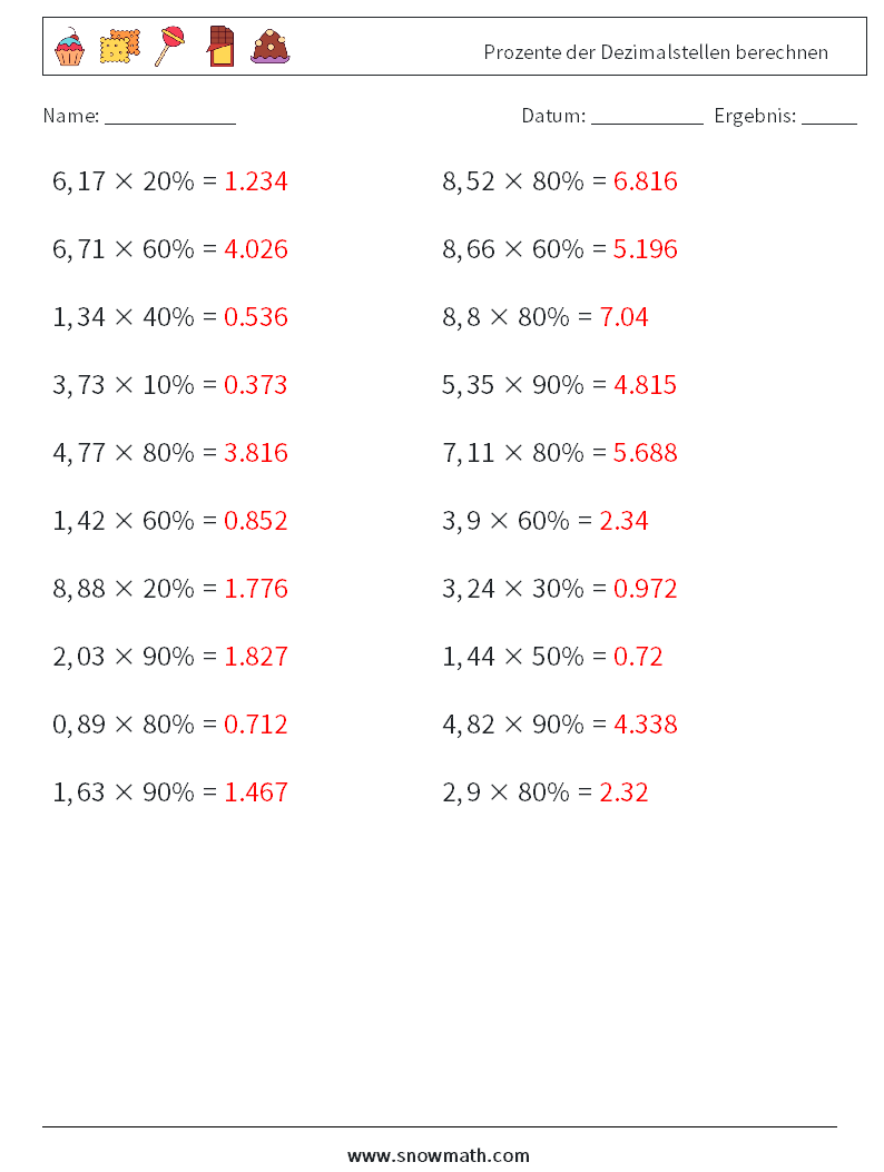 Prozente der Dezimalstellen berechnen Mathe-Arbeitsblätter 5 Frage, Antwort