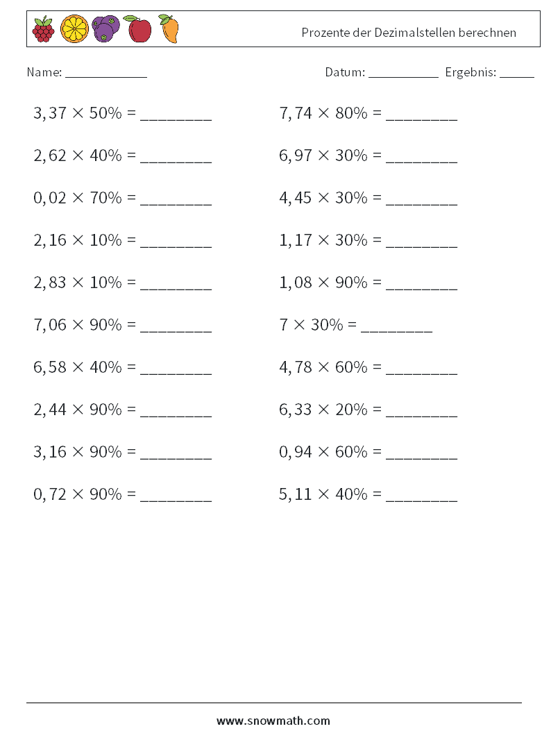 Prozente der Dezimalstellen berechnen Mathe-Arbeitsblätter 6