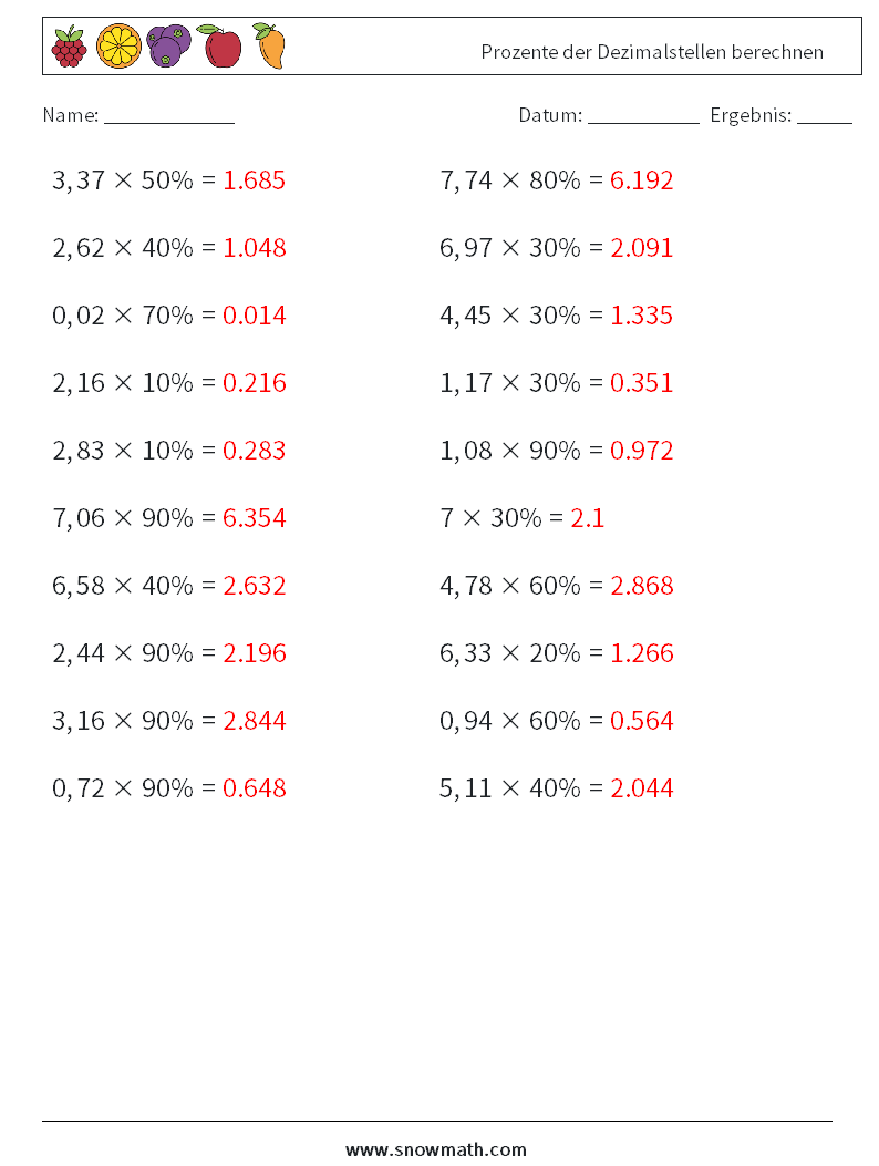 Prozente der Dezimalstellen berechnen Mathe-Arbeitsblätter 6 Frage, Antwort