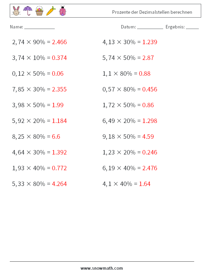 Prozente der Dezimalstellen berechnen Mathe-Arbeitsblätter 7 Frage, Antwort