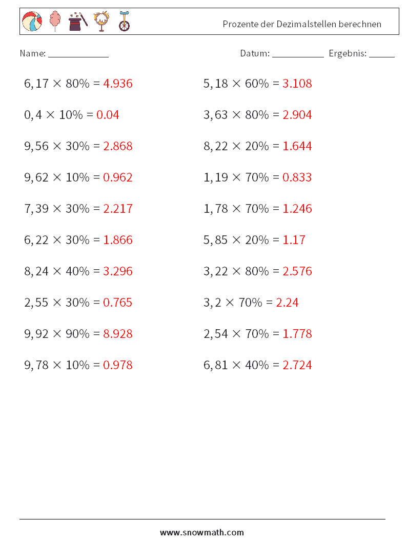 Prozente der Dezimalstellen berechnen Mathe-Arbeitsblätter 8 Frage, Antwort