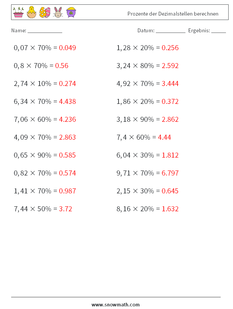 Prozente der Dezimalstellen berechnen Mathe-Arbeitsblätter 9 Frage, Antwort