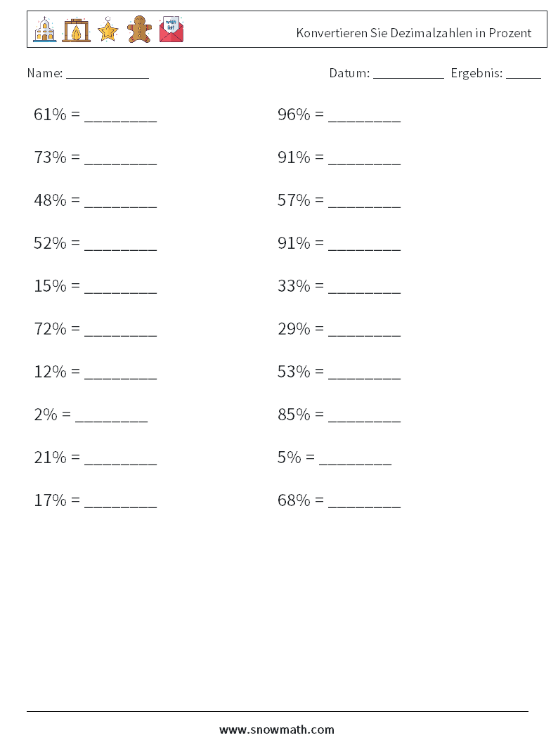 Konvertieren Sie Dezimalzahlen in Prozent Mathe-Arbeitsblätter 1