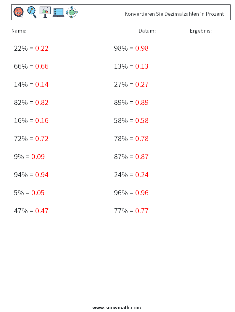 Konvertieren Sie Dezimalzahlen in Prozent Mathe-Arbeitsblätter 3 Frage, Antwort