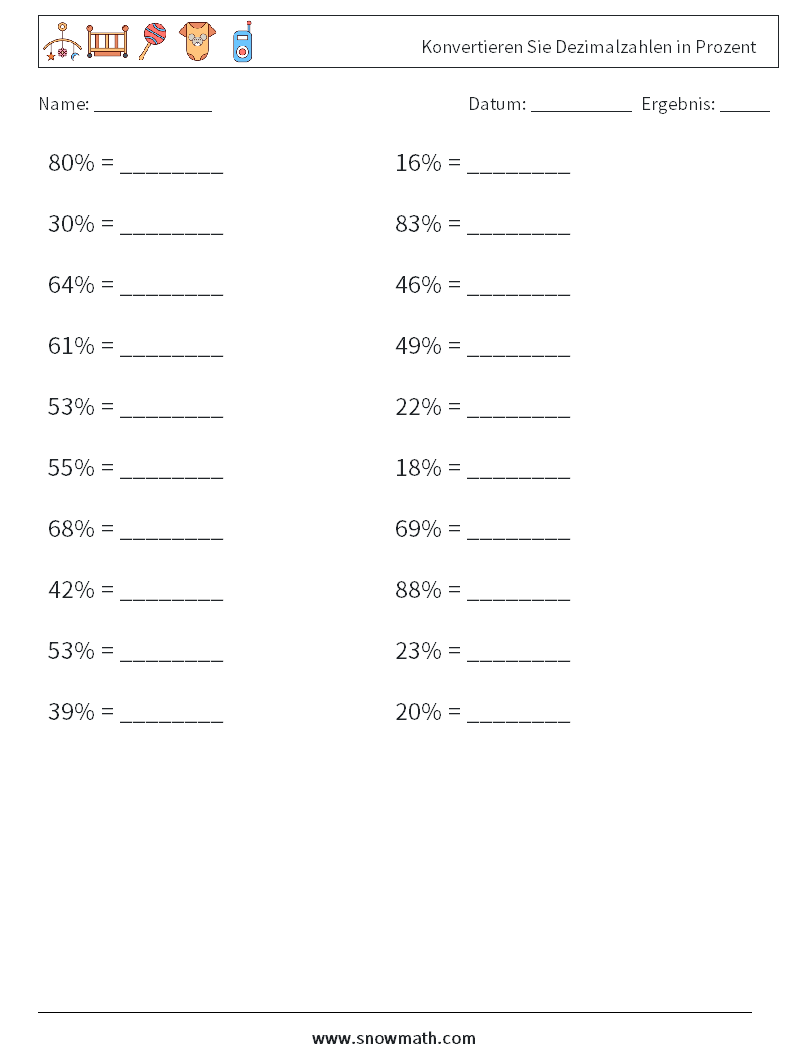 Konvertieren Sie Dezimalzahlen in Prozent Mathe-Arbeitsblätter 6