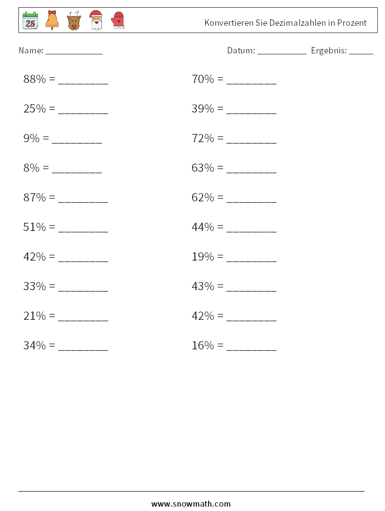 Konvertieren Sie Dezimalzahlen in Prozent Mathe-Arbeitsblätter 8