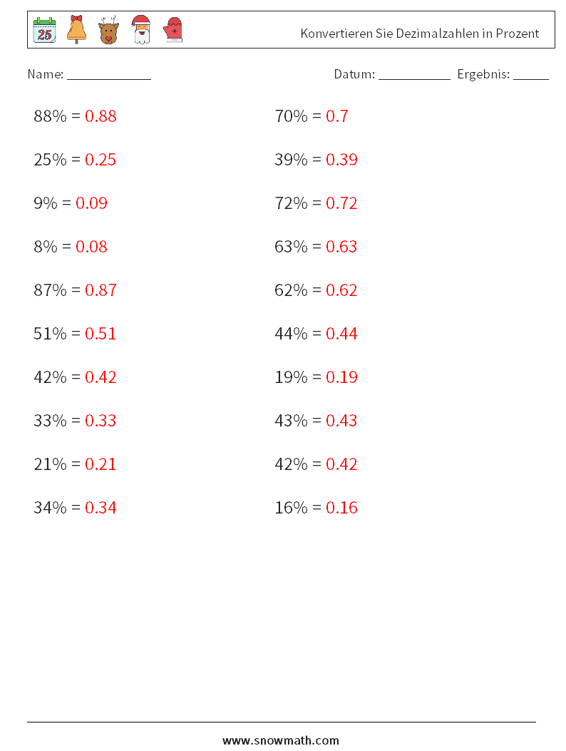 Konvertieren Sie Dezimalzahlen in Prozent Mathe-Arbeitsblätter 8 Frage, Antwort