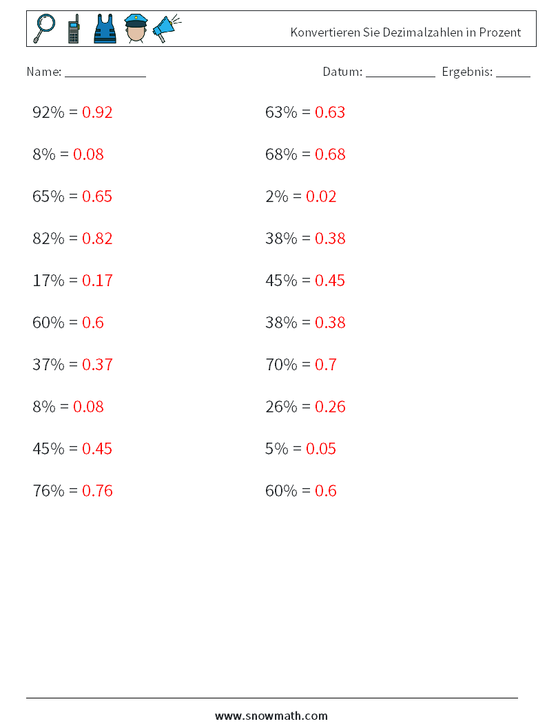 Konvertieren Sie Dezimalzahlen in Prozent Mathe-Arbeitsblätter 9 Frage, Antwort