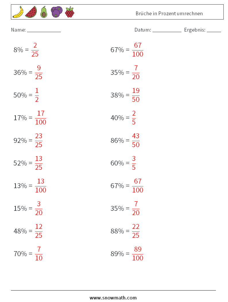 Brüche in Prozent umrechnen Mathe-Arbeitsblätter 1 Frage, Antwort