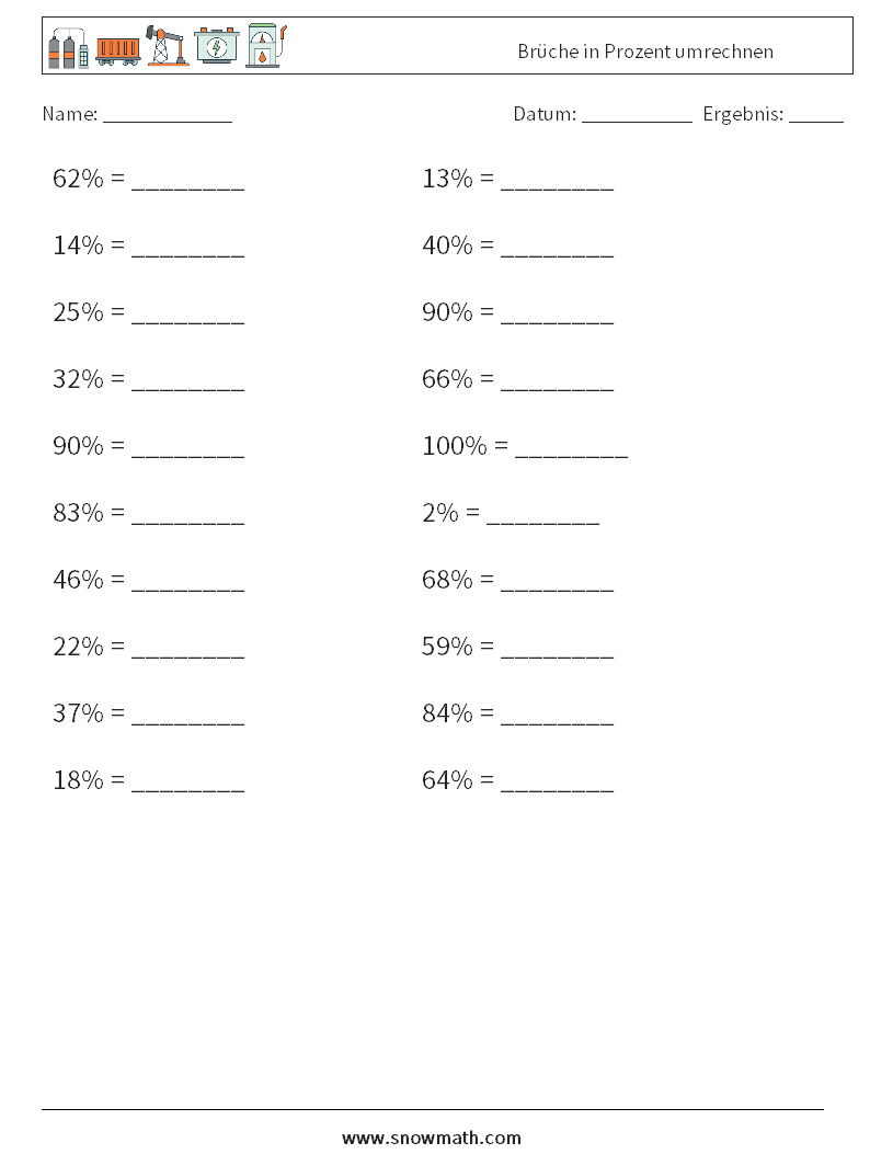 Brüche in Prozent umrechnen Mathe-Arbeitsblätter 2