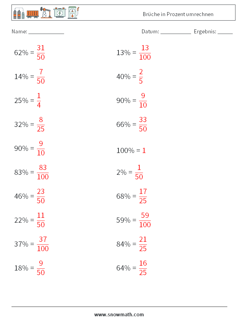 Brüche in Prozent umrechnen Mathe-Arbeitsblätter 2 Frage, Antwort