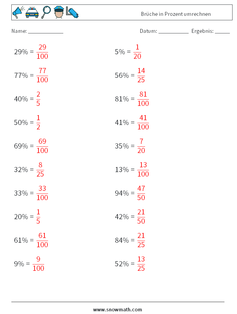 Brüche in Prozent umrechnen Mathe-Arbeitsblätter 3 Frage, Antwort